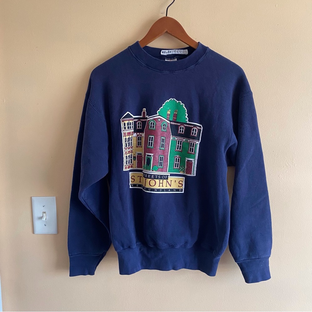 90s Streets of St. John’s Newfoundland Graphic Sweatshirt Size Small Blue Granny - Picture 2 of 15